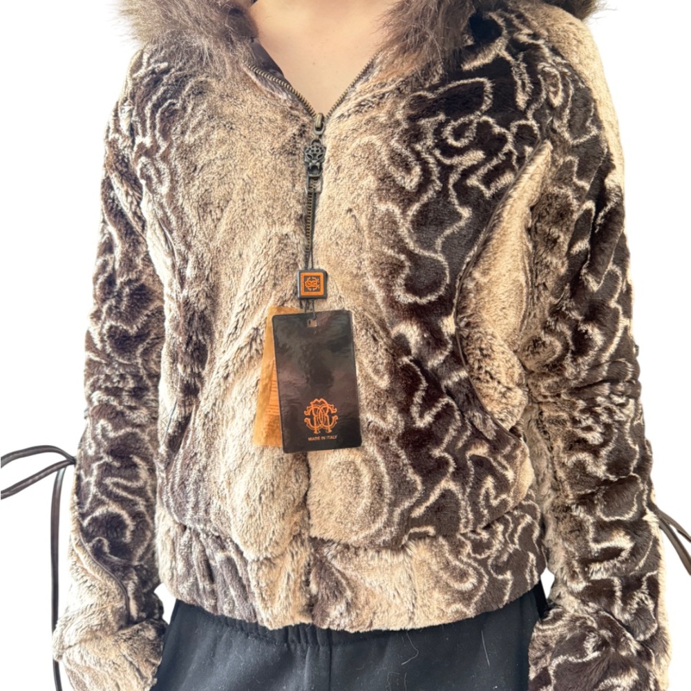 Roberto Cavalli Textured Teddy Jacket in Brown and Cream